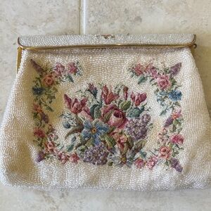 Vintage Beaded Floral Frame Clutch - Ivory with Pink, Blue & Purple Flowers